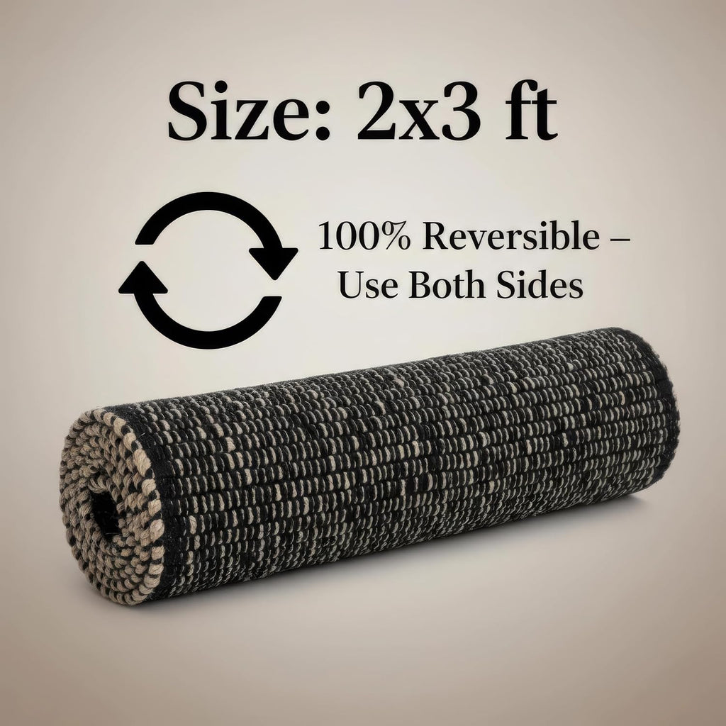 Black 2X3 Jute Rug Braided Construction - Farmhouse Woven Carpet - Mid-Century Modern Floor Covering