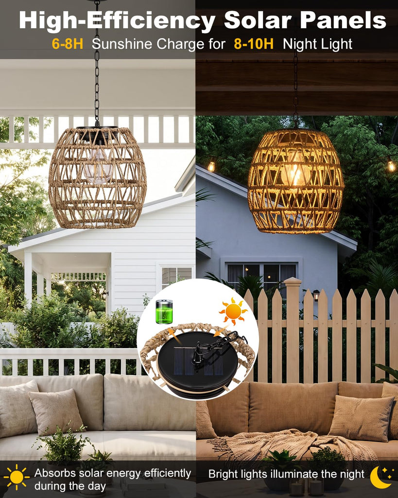 Hanging Solar Lanterns Outdoor Waterproof, Rattan Wicker Hanging Chandelier