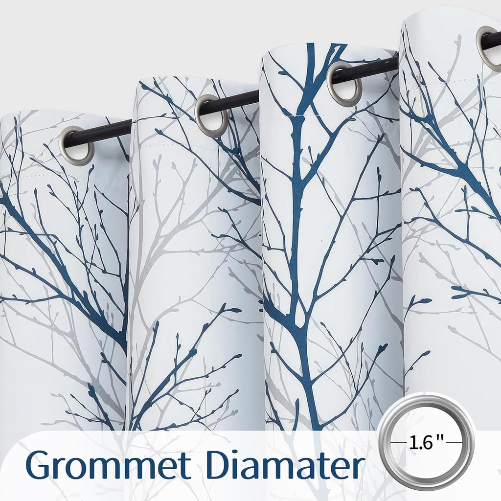 100% Blackout Curtains, Blue White Tree Curtains 84 Inches Long, Grey Farmhouse Room Darkening Window Curtains for