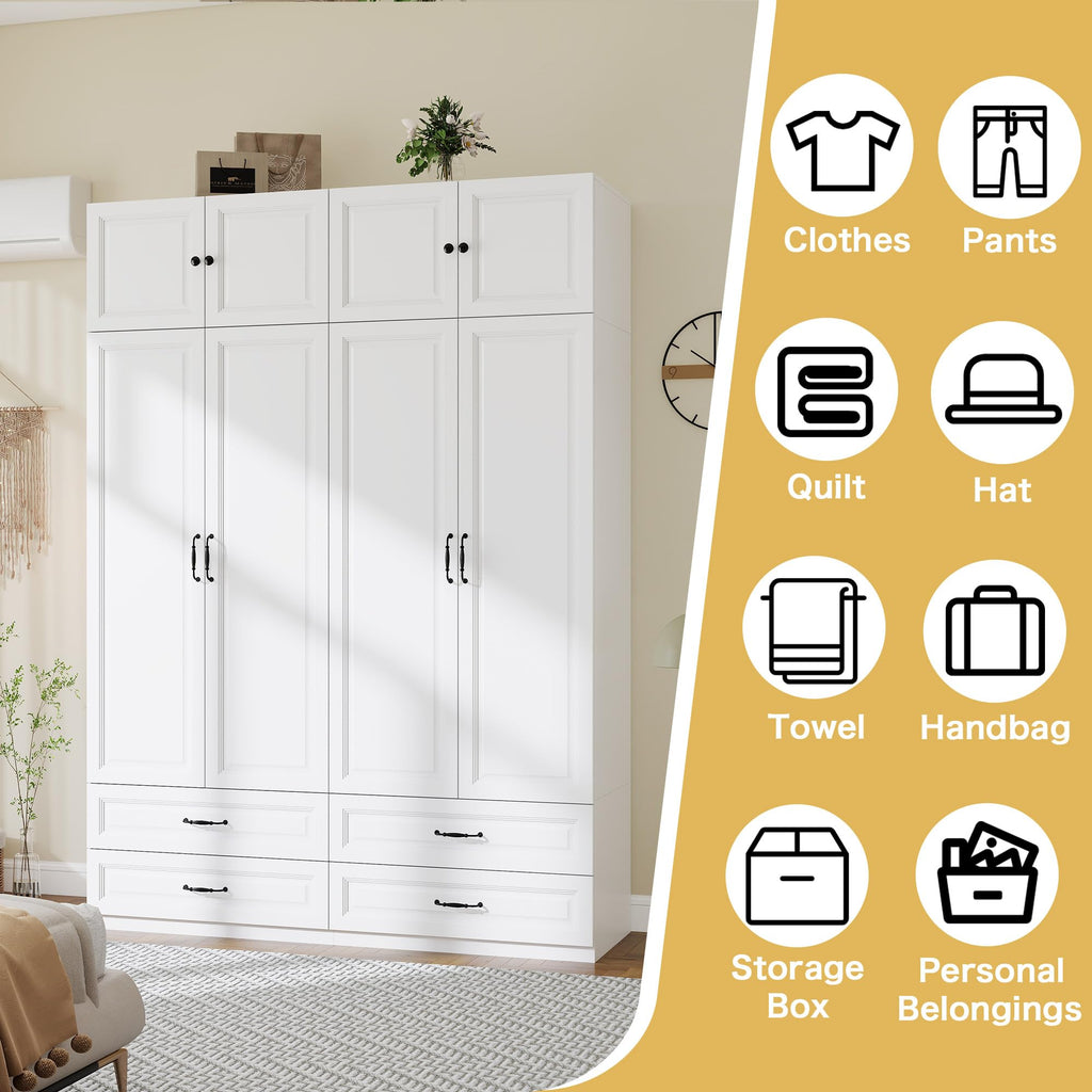 White Armoire Wardrobe Closet with 4 Drawers: 89" H x 63" W