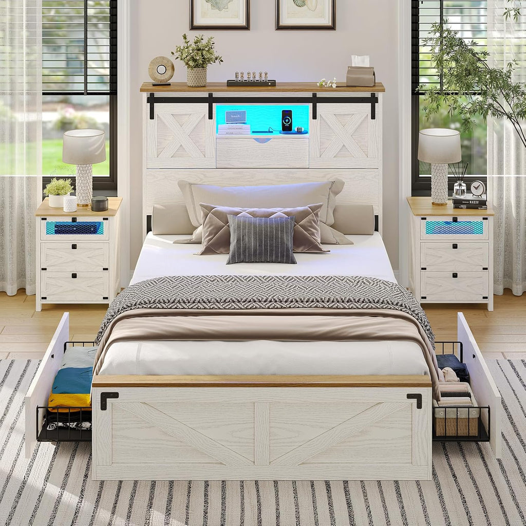 Farmhouse Bed Frame Twin with 2 Storage Drawers, Wooden Platform Twin Bed with LED Lights and Charging Station