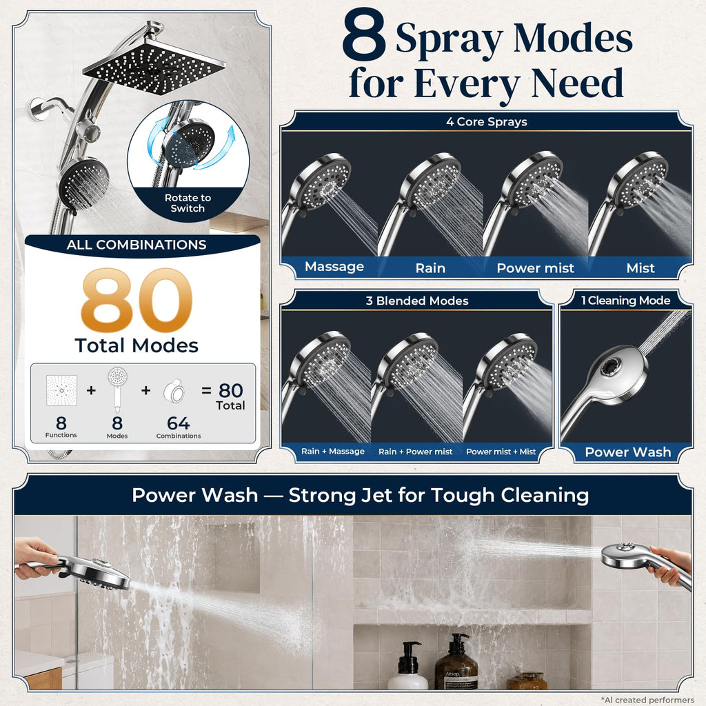 8"Square Rain Shower Head with Handheld, 8-Function Rainfall, Power Jet