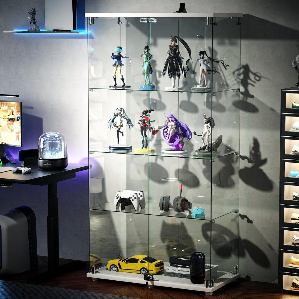 4-Tier Glass Display Cabinet with Lock, Clear Curio Cabinet with Double Glass Doors, for Collectibles, Figures