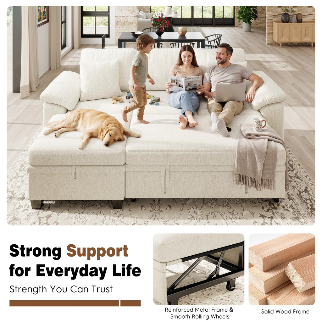86" Modular Sectional Sofa with Pull Out Bed, 4-Seater L Shaped Sectional Sleeper Couch with Storage Ottoman