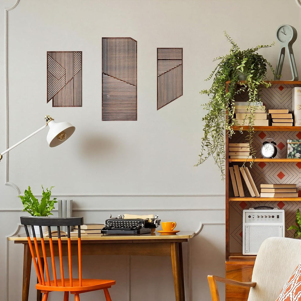 Mid Century Modern Wood Wall Art Decorations 3D Geometric Abstract Wall Sculpture Bedroom Office Minimalist - Set of 3