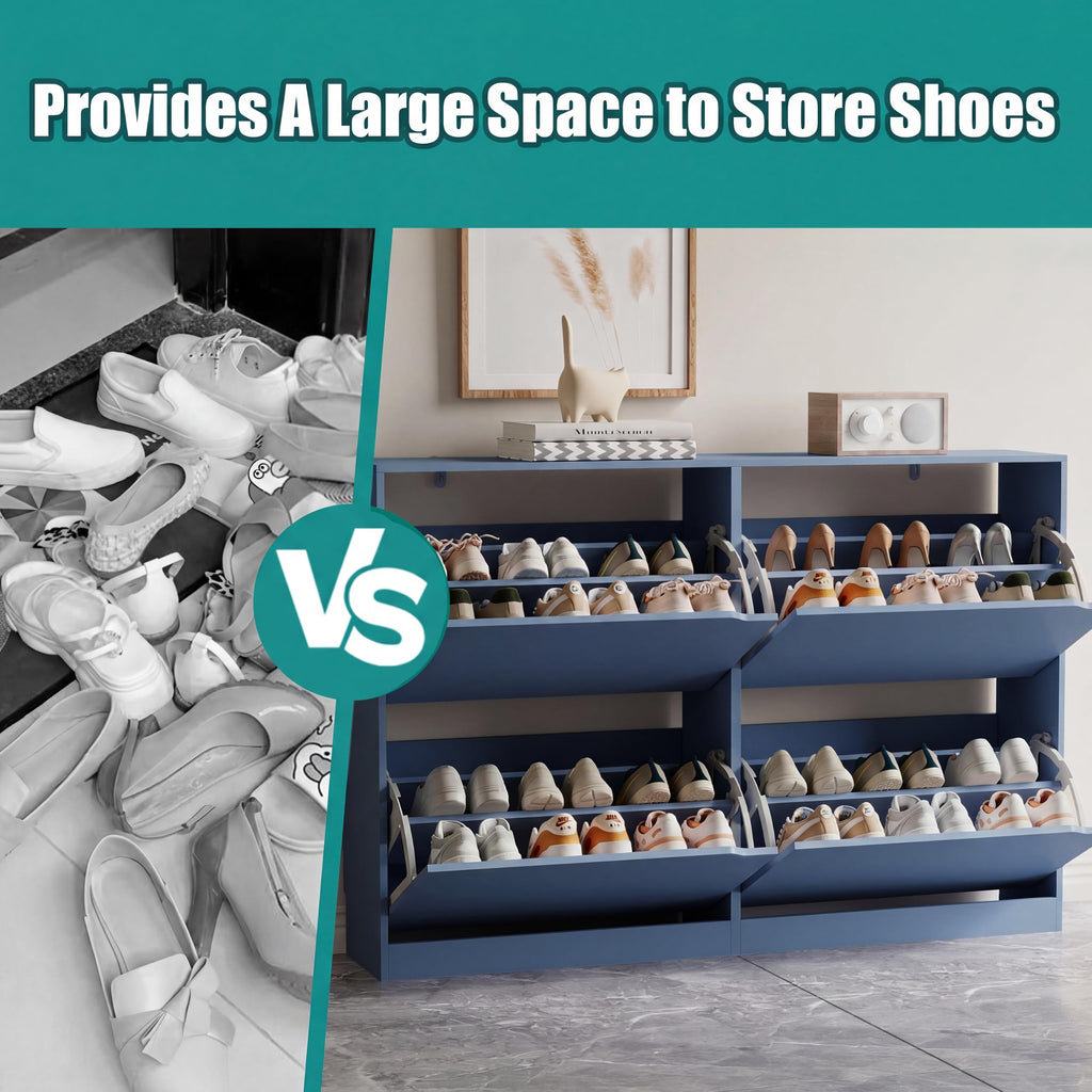 Shoe Storage Cabinet with 4 Flip Drawers, Sturdy Wood Hidden Shoe Storage, Freestanding Narrow Slim Shoe Organizer