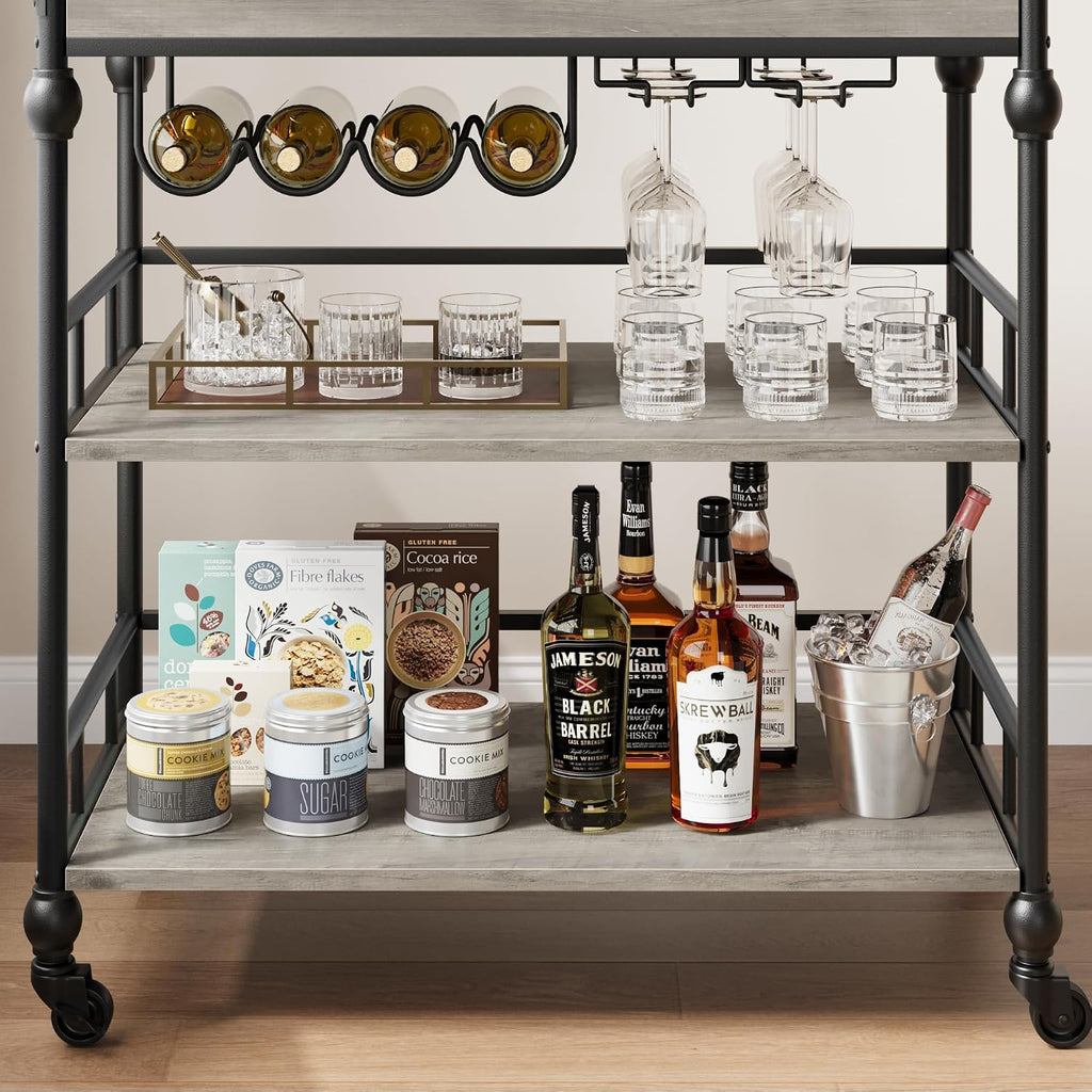 Bar Cart with Wheels, 3-Tier Serving Cart , Mobile Rolling Beverage Cart with Wine Rack and Removable Tray , Dining