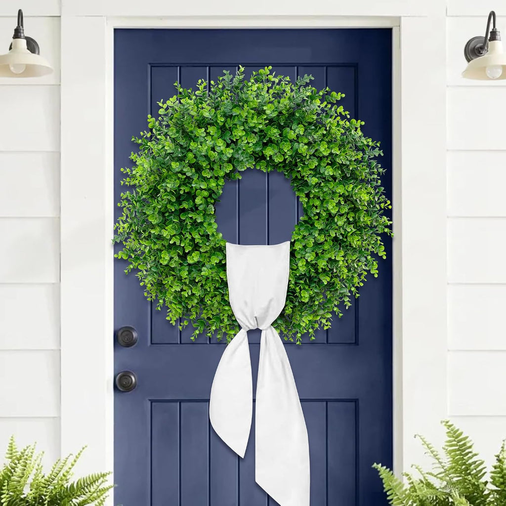 28'' Large Boxwood Wreaths Front Door Artificial Green Spring Wreath with Sash Wreaths for Front Door Farmhouse