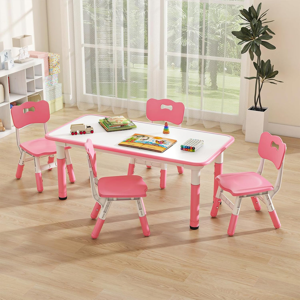 Kids Table and Chiar Set, Height Adjustable Toddler Desk and 4 Chairs with Graffiti Desktop Non-Slip Legs, Large 47"