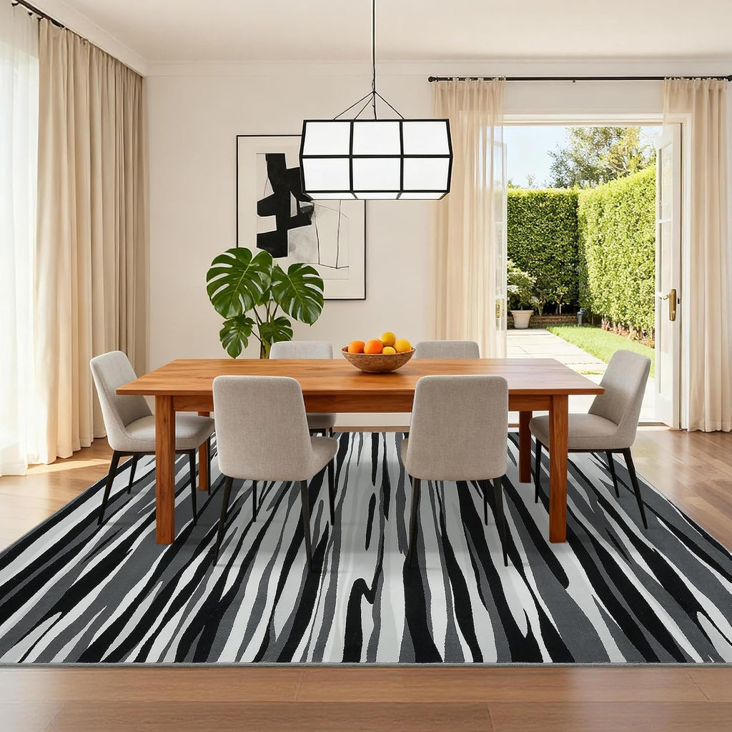 Area Rugs : Modern Abstract Black Grey and White Rug - Nonslip Washable Striped Rug Dining Room Office