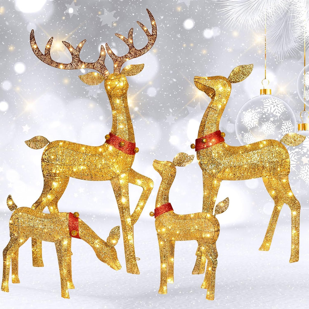 Christmas Decorations Outdoor Reindeer Family - 4-Piece 3D Lighted Deer Set with 245 LED Lights, Yard Christmas Decor