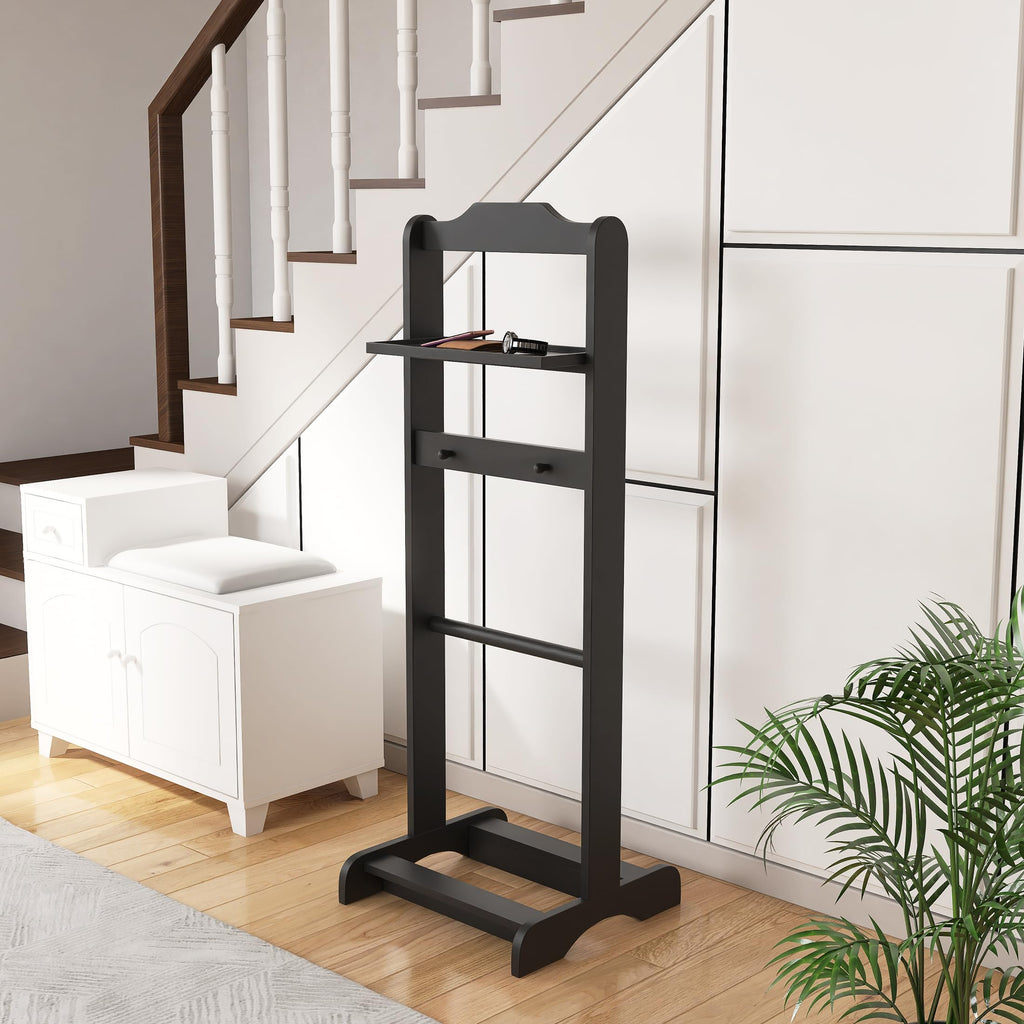 Suit Valet Stand for Men, Wooden Clothes Rack with Tray, Black