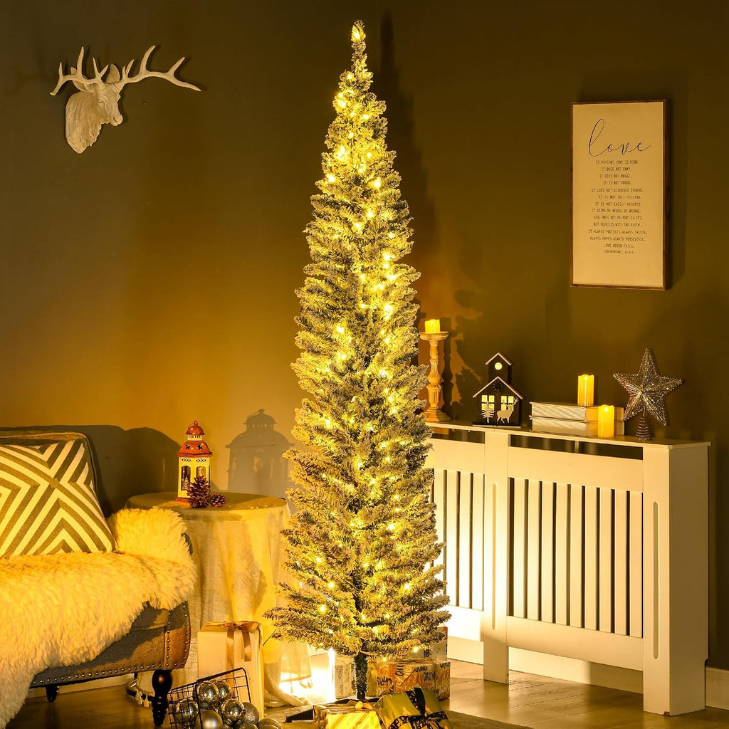 Pencil Christmas Tree 7' Tall Pre-Lit Slim Noble Fir Green | Artificial, 210 Warm White LED Lights, 499 Tips, for