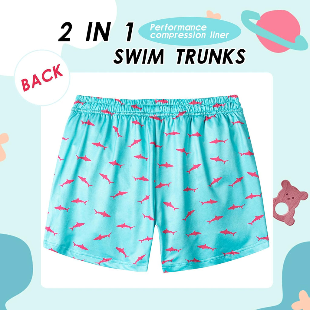 Boys Swim Trunks with Compression Liner Boys Stretch Swim Shorts Quick Dry 2 in 1 Beach Shorts