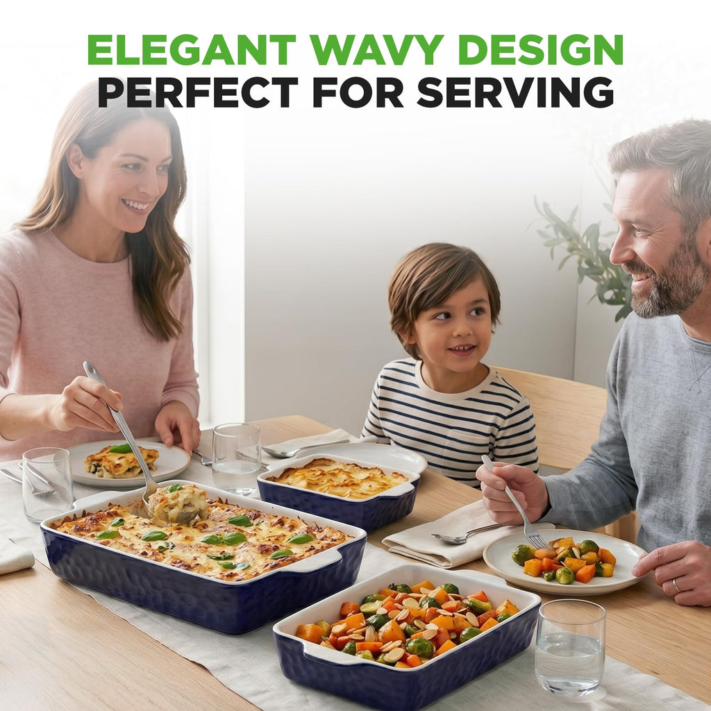 3-Piece Ceramic Casserole Dishes for Oven - Heavy Duty Rectangular Lasagna Baking Pans w/ Premium Nonstick Coating &
