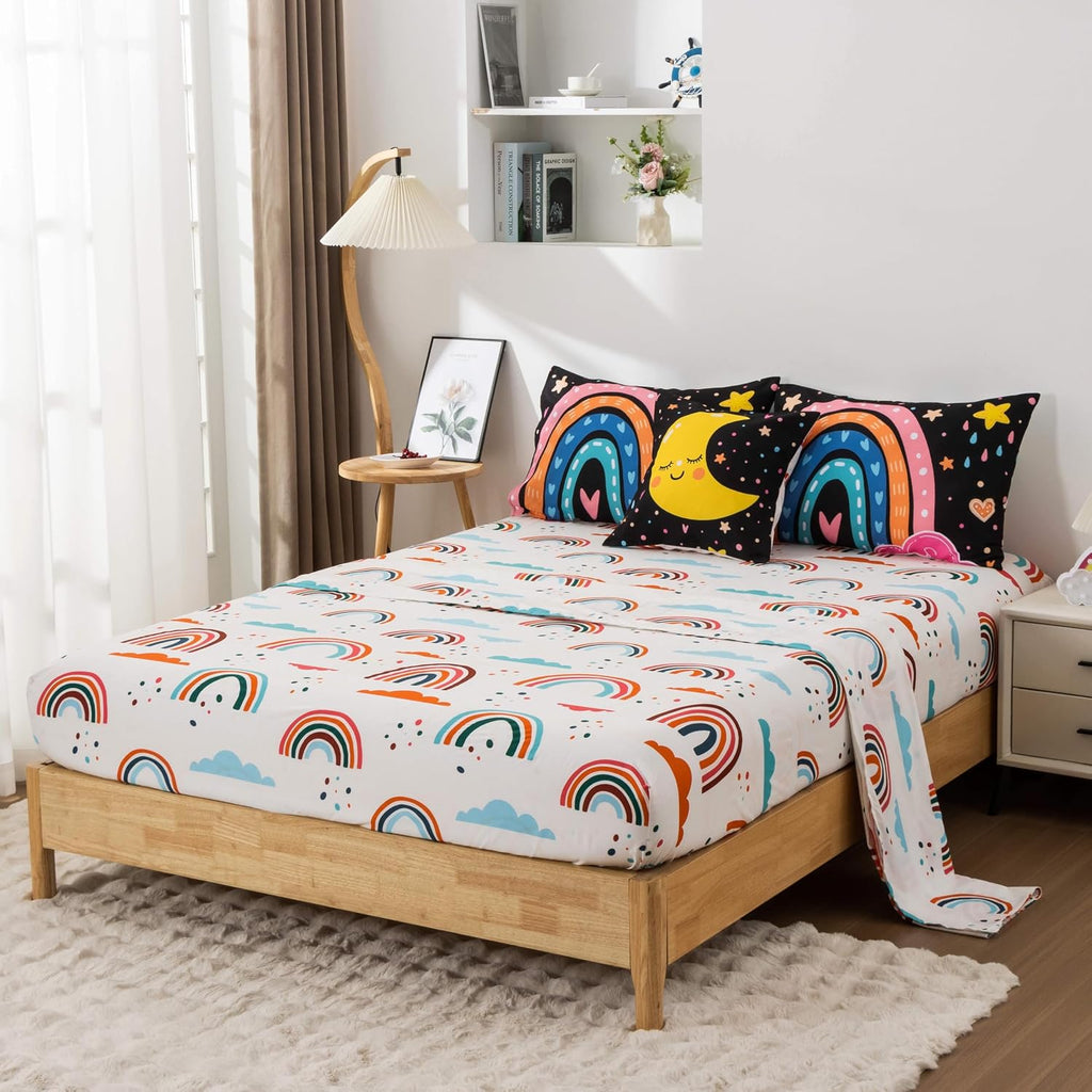 5 Piece Black Rainbow Comforter Set for Girls Boys Kids, Cartoon Cute Moon Stars Bedding Set, Bed in a Bag with Comforter, Sheets and Pillowcases,Twin