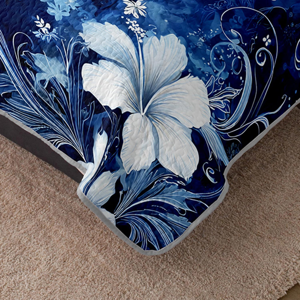 Floral Sea Turtle Quilt, Coastal Bedspread with 2 Pillowcases.