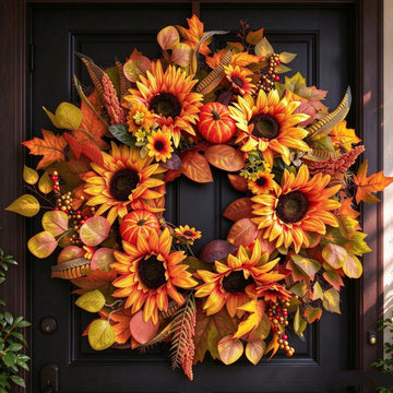 Large Sunflower Autumn Wreaths for Front Door, 26Inch Artificial Sunflower Wreaths with Pumpkin & Berry, Sunflower