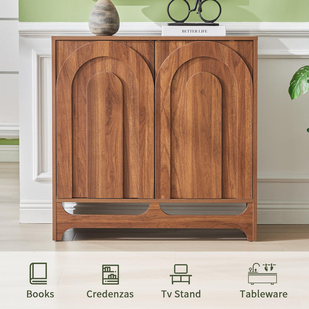 94.5" Walnut Fluted Arched Sideboard Buffet Cabinet with Storage