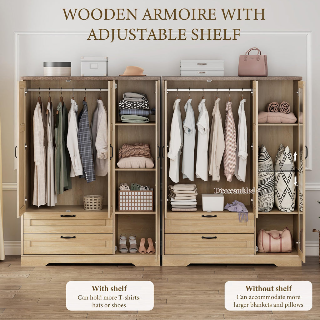 62" Wooden Armoire Wardrobe Closet with Mirror, Natural, 3 Doors