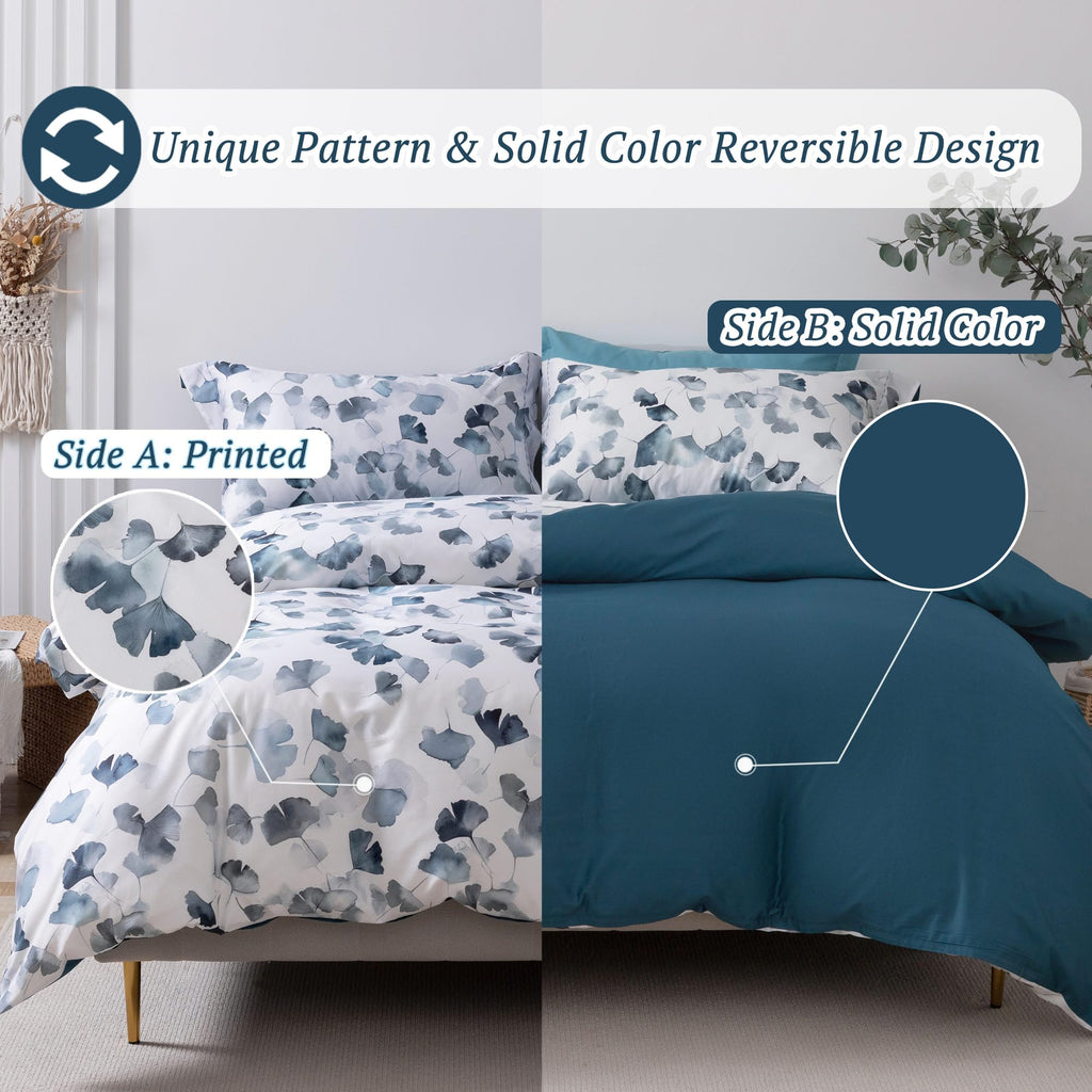 100% Long-Staple Cotton Duvet Cover Set Light Navy Ginkgo Leaf Pattern Printed Comforter Cover 3pcs, Ultra Soft &