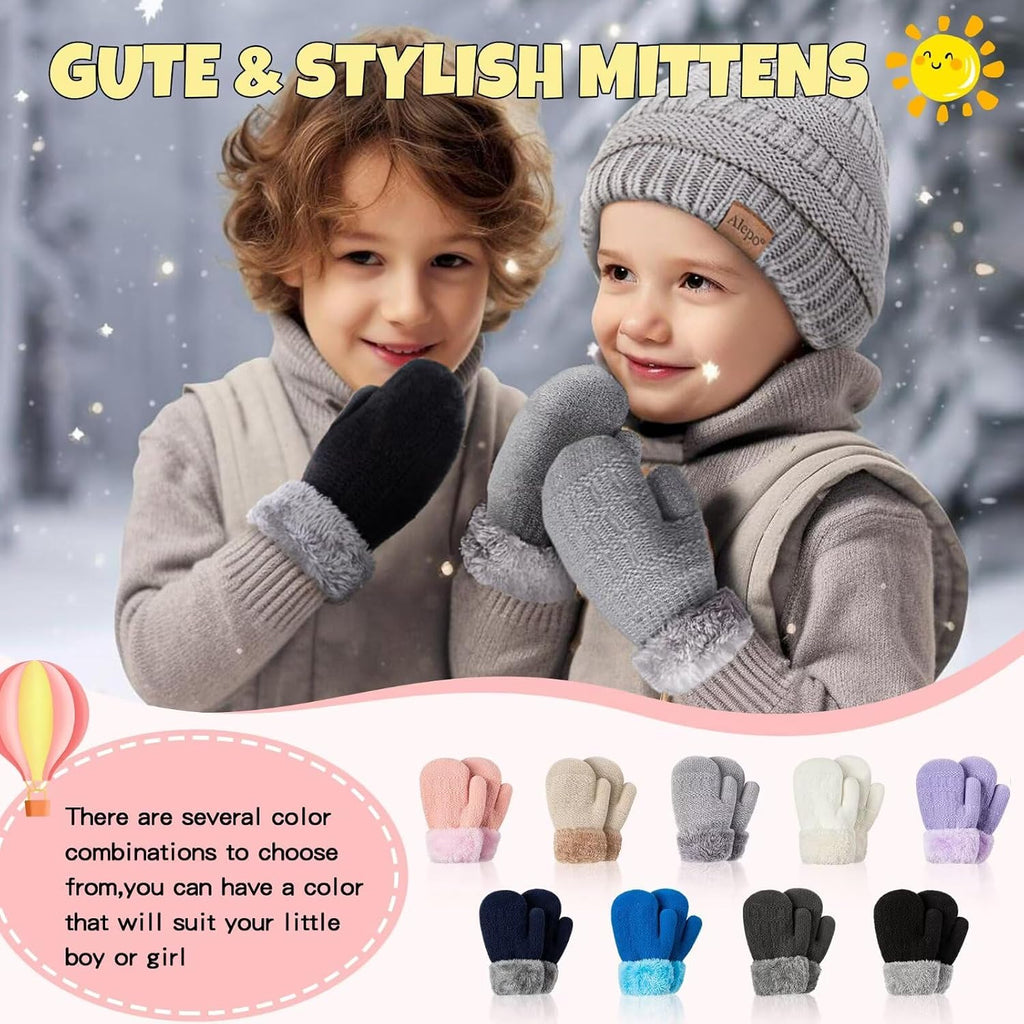 Winter Mittens Gloves Beanie Hat Set for Kids Baby Toddler Children, Thick Warm Knit Fleece Lined Thermal Set