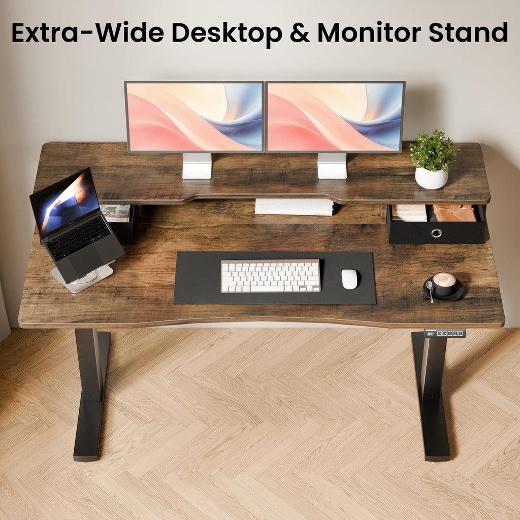 55x26 Inch Electric Standing Desk with Drawers, Rustic Walnut
