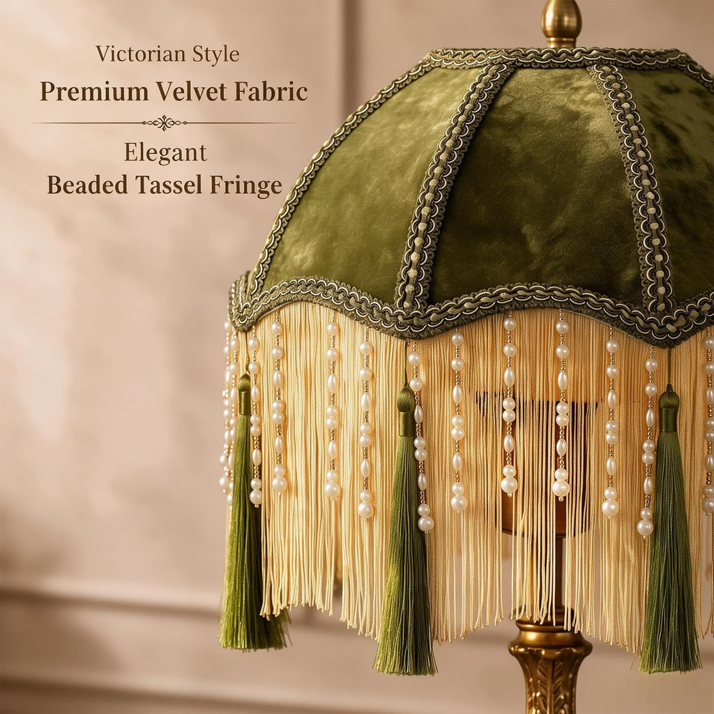 Victorian Floor Lamp with Olive Green Tassel Shade & Remote Control