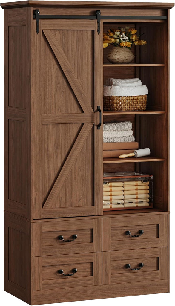 Armoire Wardrobe Closet with 4 Drawers,71" Wardrobe Cabinet with Sliding Barn Doors, Tall Clothing Storage Cabinet