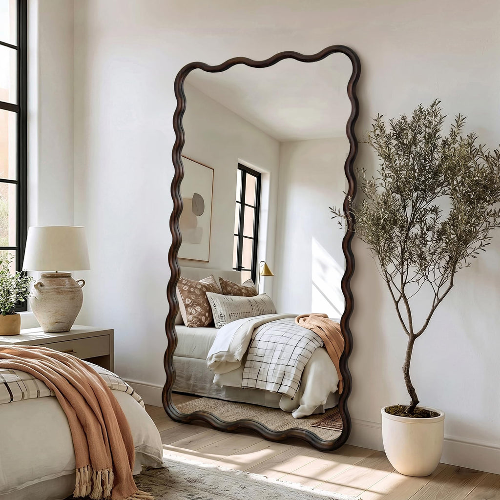 Full Length Mirror, 56"x28" Boho Wavy Floor Mirror, Dark Brown