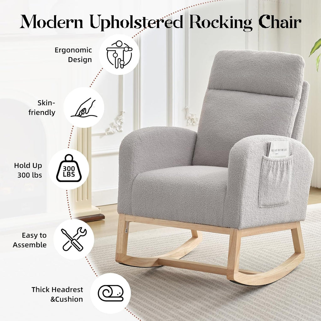 Rocking Chair Nursery,Glider Chair Nursery Chair with High Back and Side Pocket, Rocking Accent Armchair with Rubber