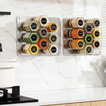 Set of 18 Magnetic Glass Spice Tins with 100 Preprinted Seasoning Label Stickers (Include Black Metal Wall-Plates)