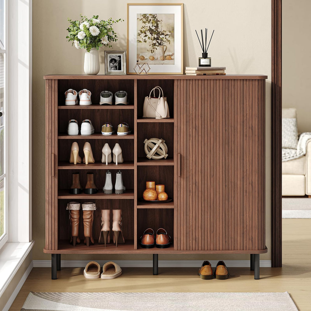 48" Large Shoe Cabinet with 2 Sliding Doors & Open Storage, Walnut