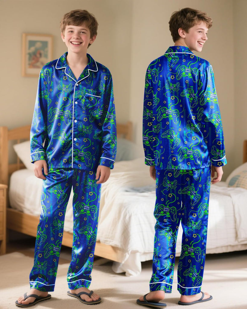 Boys Pajamas Silky Satin Big Boys PJs Set 2 Piece Sleepwear Button Down Kids Jammies Loungewear Clothes