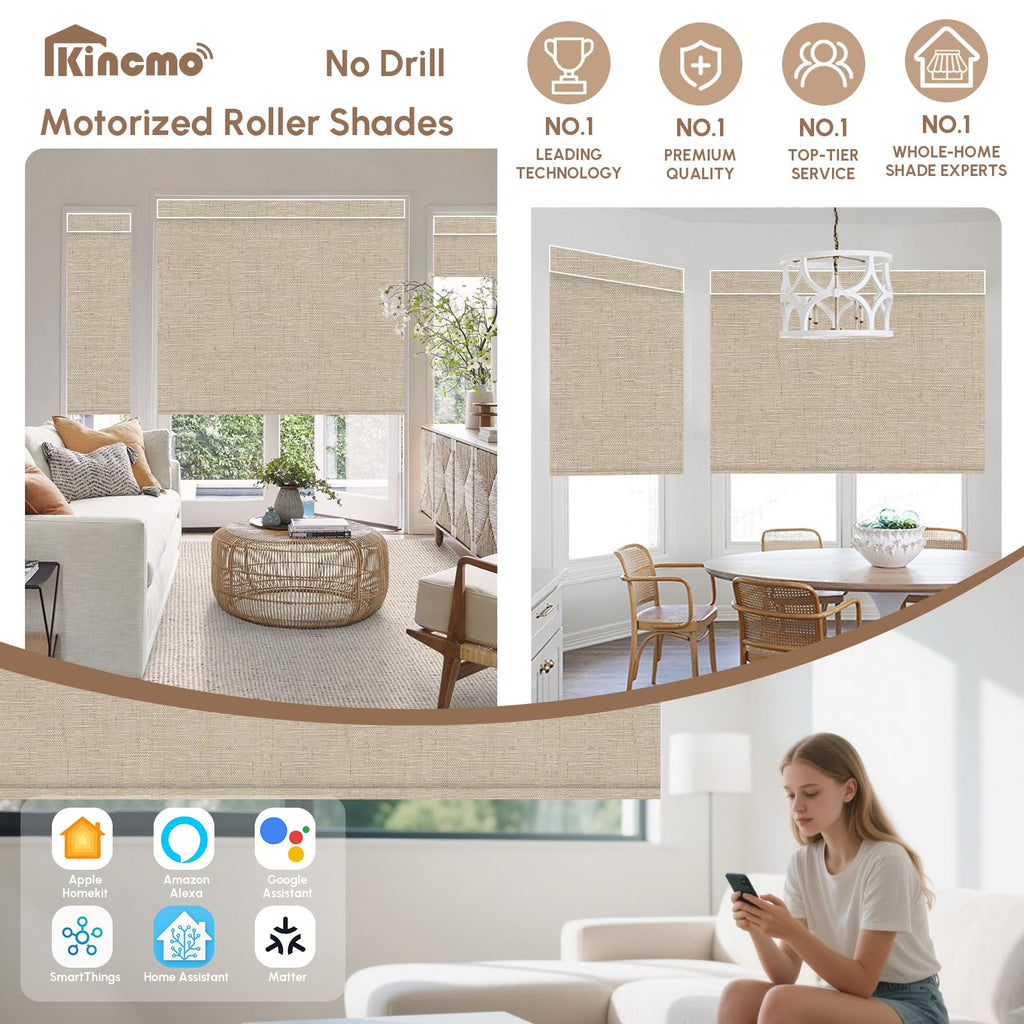 No Drill Motorized Blinds with Remote, 100% Blackout Roller Shades