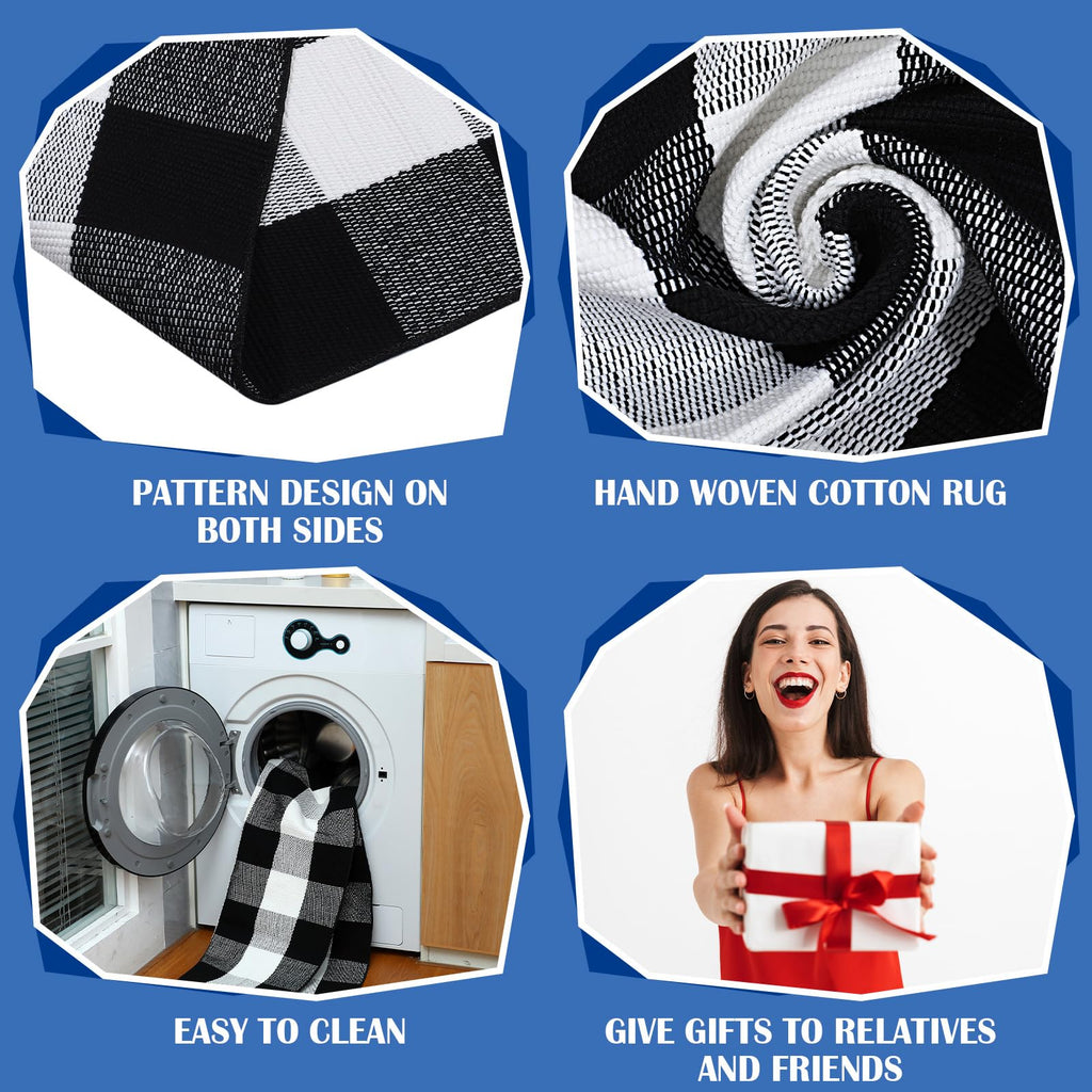 2 Pcs Layered Welcome Doormat, Black and White Buffalo Plaid Rug Set