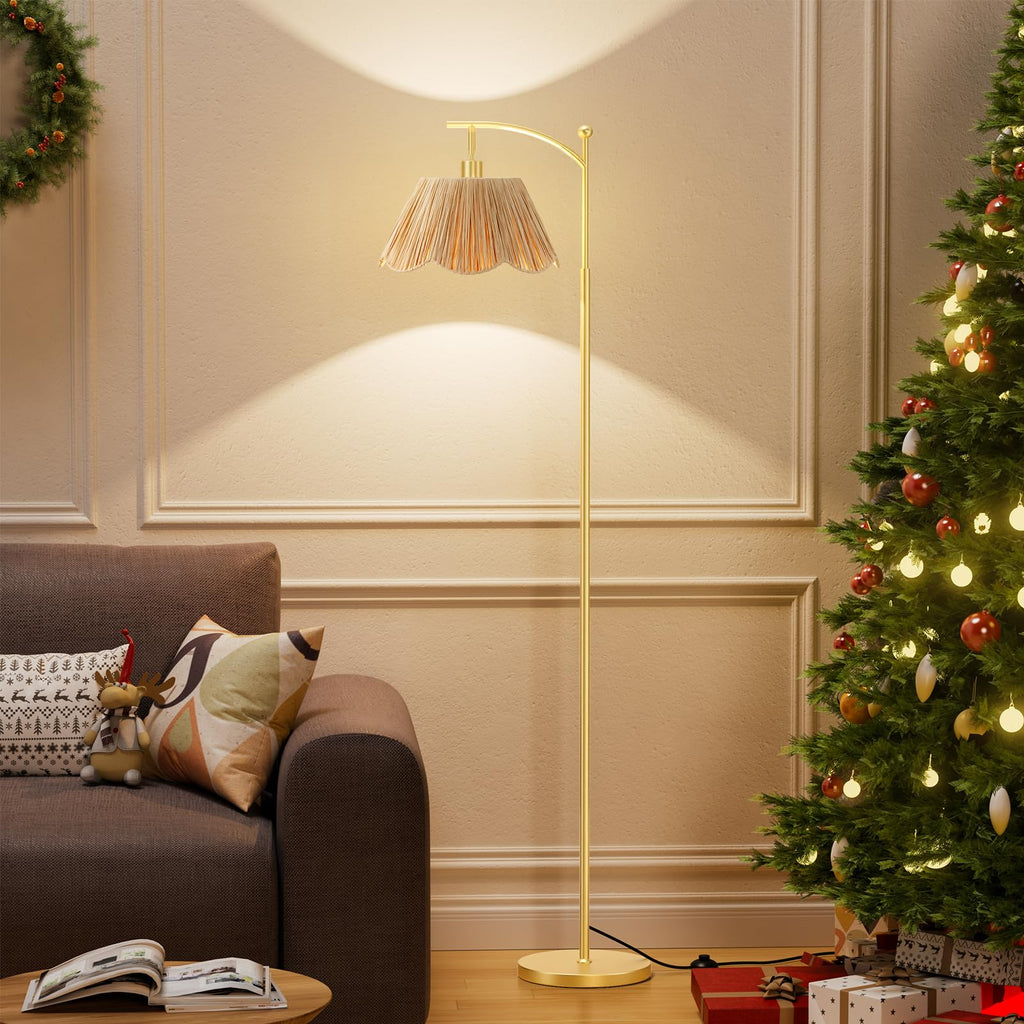 60" Floor Lamps with 3 Color Temperatures, Gold Floor Lamp with Rattan Shade, Modern Tall Lamps Office, 9W LED Bulb