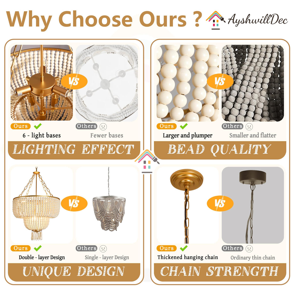 6-Light 20 Inch Boho Light Fixtures Ceiling Natural Wood Beaded Chandelier Boho Light Fixture Bohemia Wood Beaded