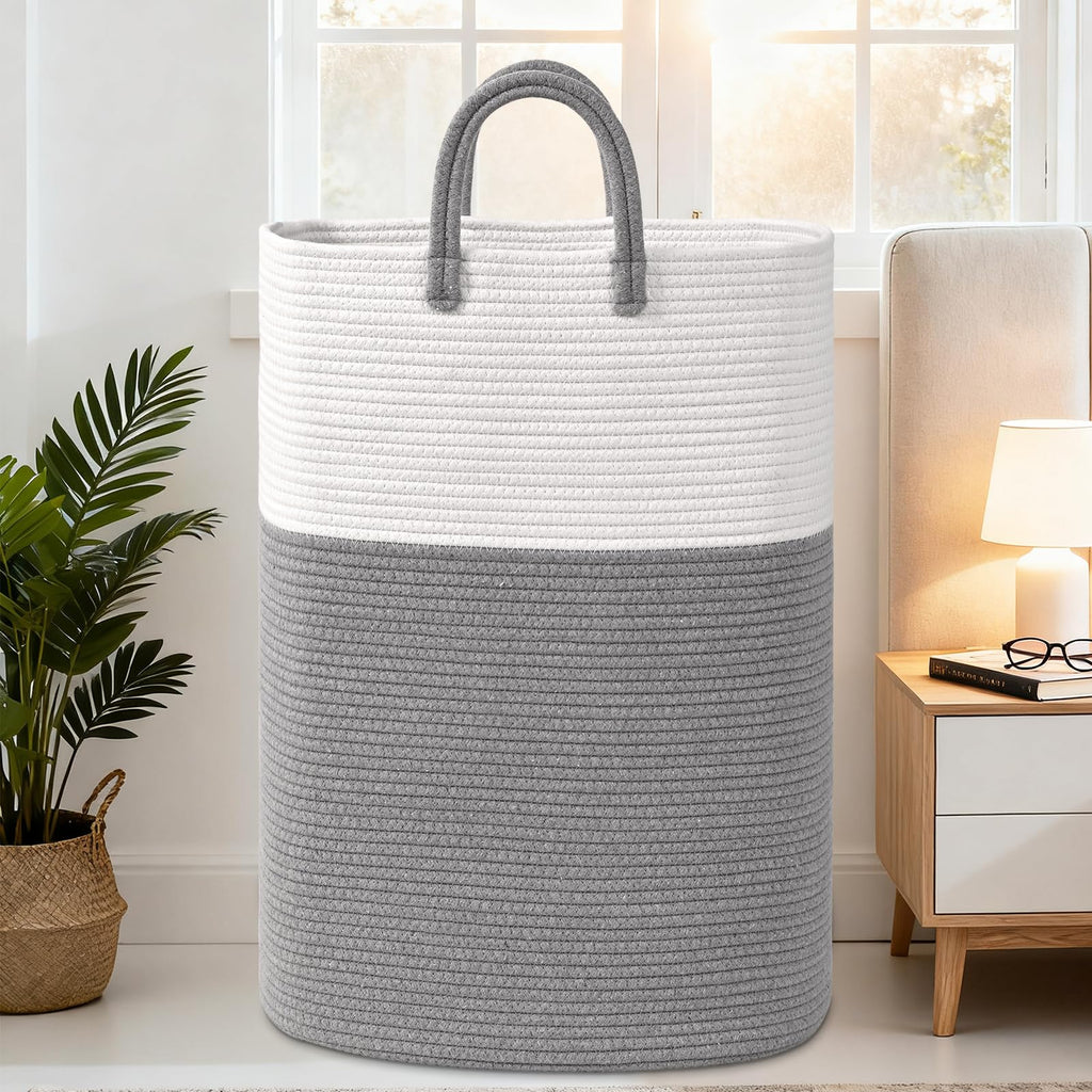 Woven Laundry Basket for Clothes, 65L Large Rectangle Laundry Hampers with Beads Tassel, Nursery Storage Basket for