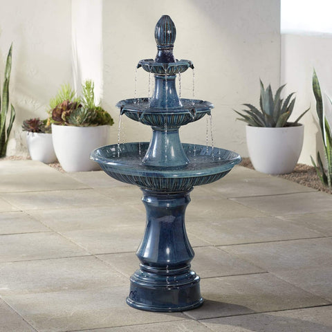 Formentera 46" High Large Italian Indoor Outdoor Decor Teal Blue Ceramic Floor Fountain with Light LED Waterfall