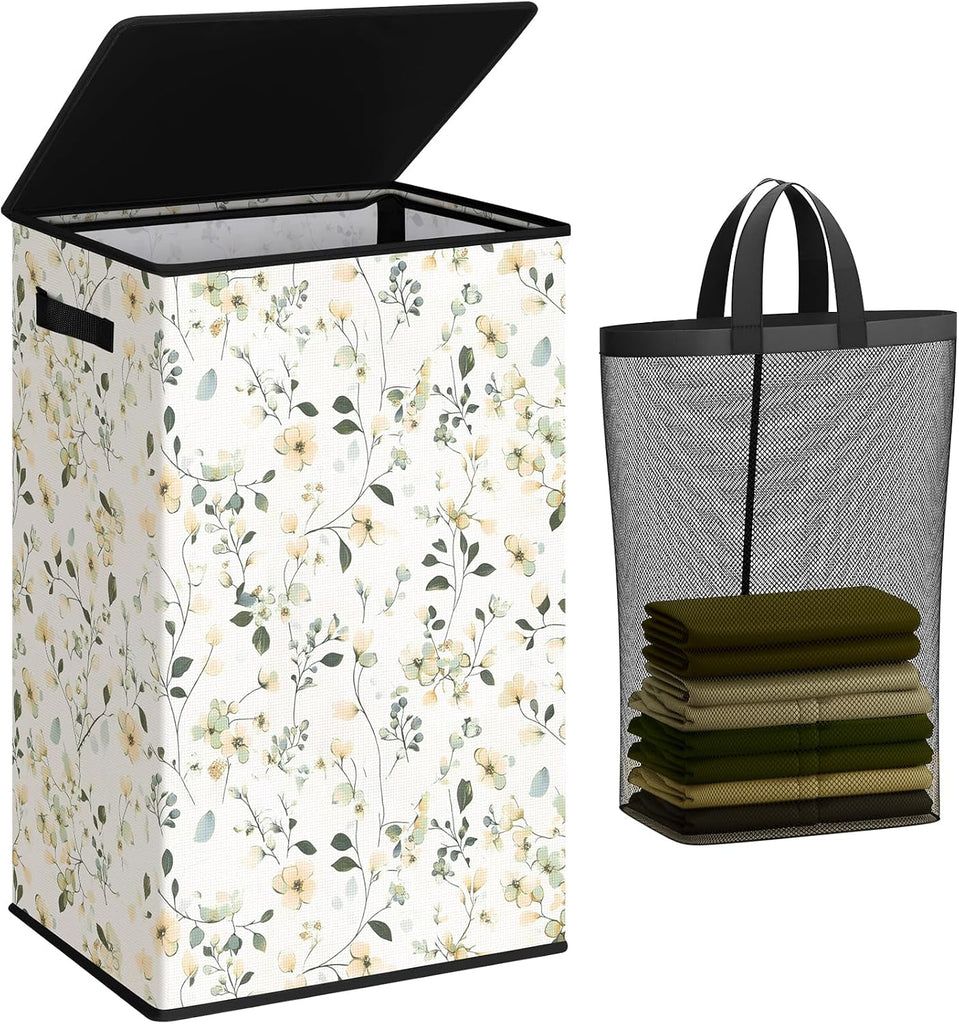 Laundry Hamper with Lid, 90L Tall & Large Floral Laundry Basket, Collapsible Clothes Hamper with Removable Bag, Dirty