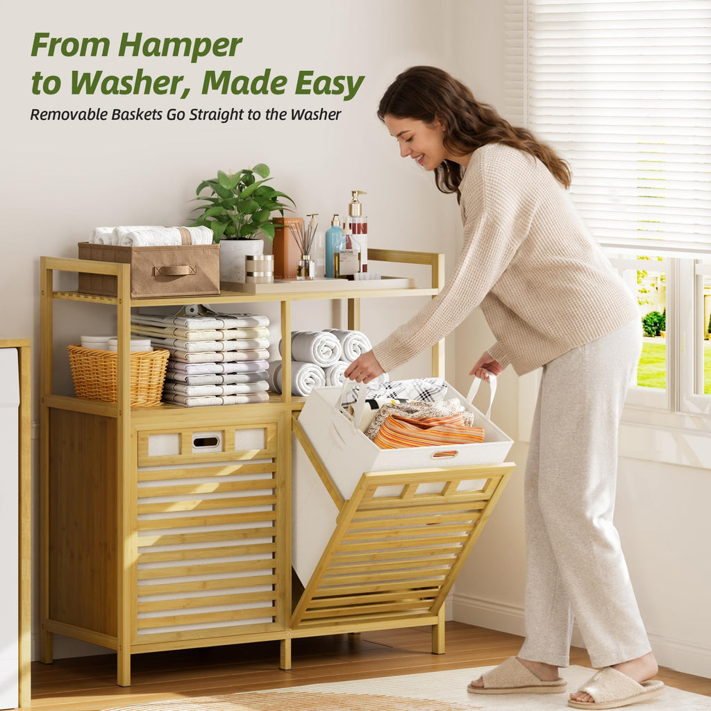 Bamboo Tilt Out Laundry Hamper Cabinet with Removable Bag,Natural