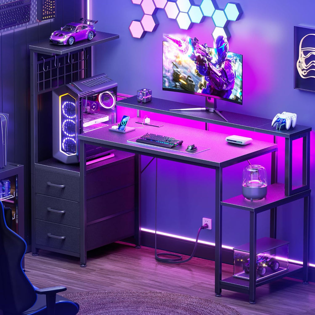 48" Gaming Desk with Power Outlet, LED, Drawers, Carbon Fiber Black | Reversible,Computer Desk, Gamer Table, with