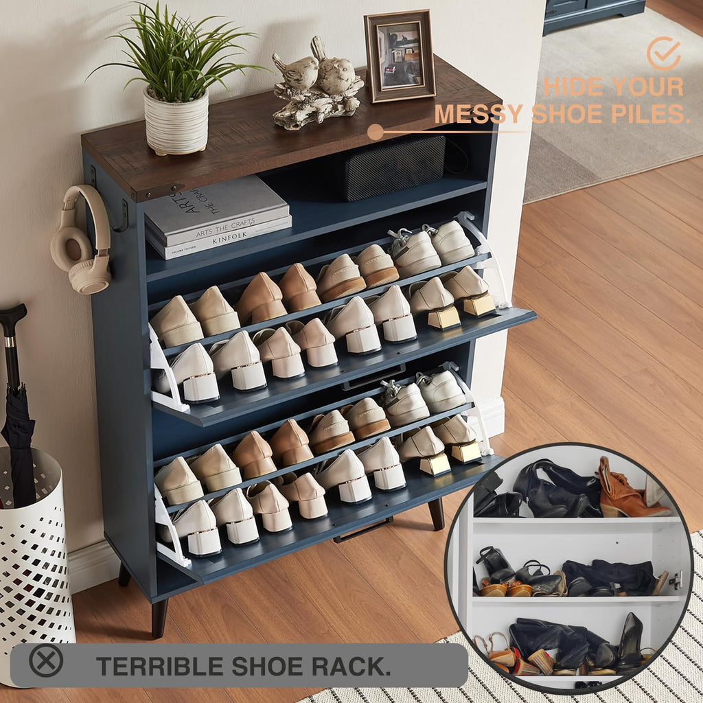 Farmhouse Shoe Storage Cabinet with 2 Flip Drawers & Open Storage