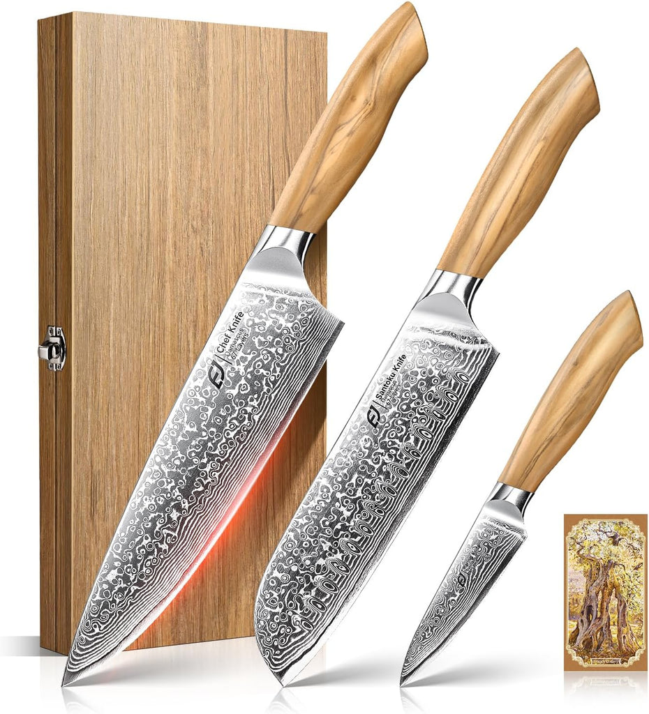 Damascus Kitchen Knife Set, 3 PCS Japanese Chef Knife Set, 67-Layers Damascus Knife with Original Olive Wood Handle
