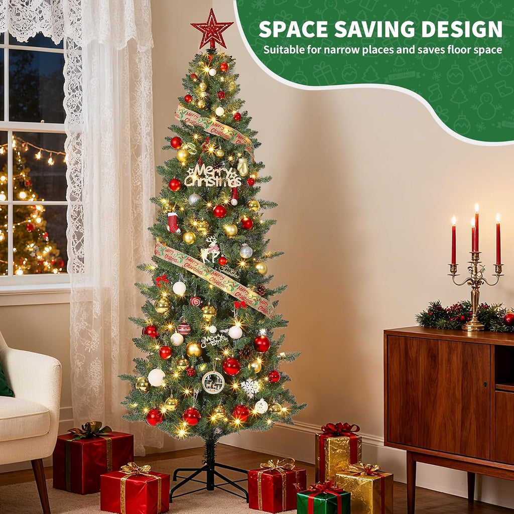 Slim Artificial Christmas Tree with Lights, 9 Adjustment Modes - Prelit Pencil Tree Decor, Skinny Space-Saving