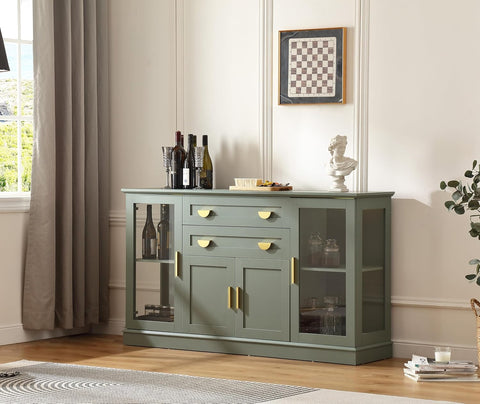 58.27'' Buffet Cabinet with 2 Drawers,LED and Adjustable Shelves,Large Glass Door Coffee Bar Cabinet with
