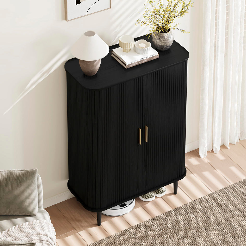Shoe Storage Cabinet with Sliding Door, 6-Tier Shoe Cabinet with Adjustable Shelves, Mid-Century Modern Freestanding