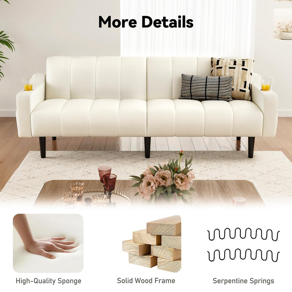 80'' Leather Couch, Futon Sofa Bed, Faux Leather Couch with Adjustable Backrest, 2 Cup Holders & Side Pockets, Mid