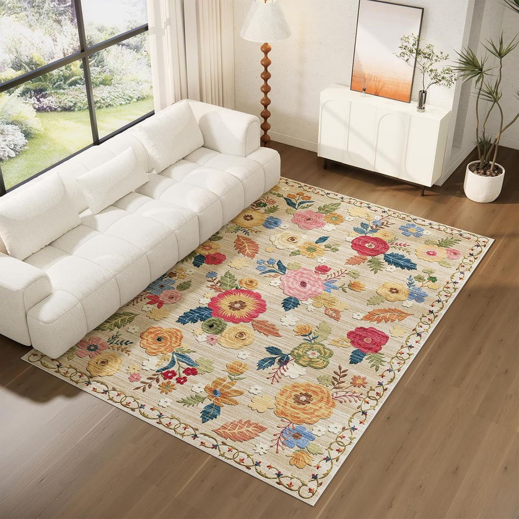 8x10 Area Rugs for Living Room: Washable Rug Non Slip Low Pile Soft Faux Wool Non Shedding Distressed Vintage Floral
